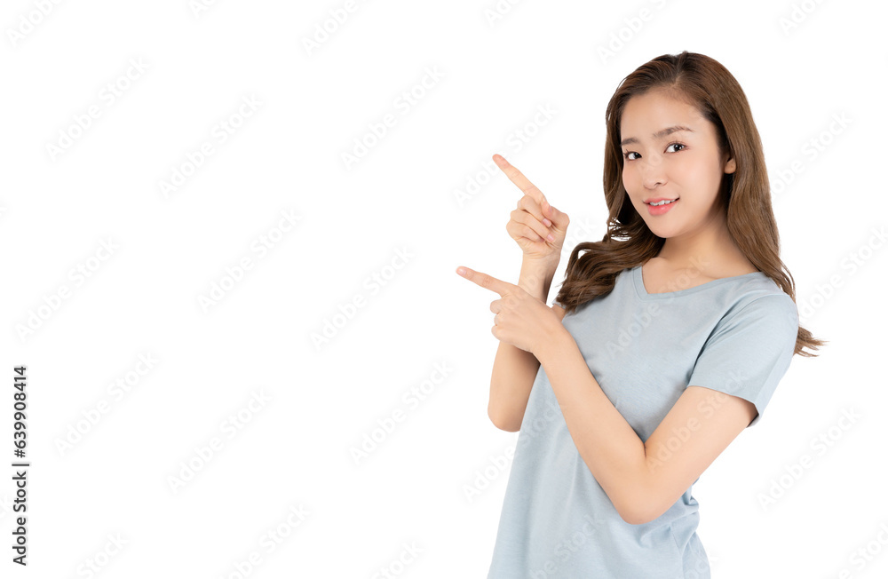 Young Asian woman pointing up to copy space looking at camera with smile face Smiling Pretty female invite customer to buy your product use for advertising with isolated on white background copy space Young Asian woman pointing up to copy space looking at camera with smile face Smiling Pretty female invite customer to buy your product use for advertising with isolated on white background copy space