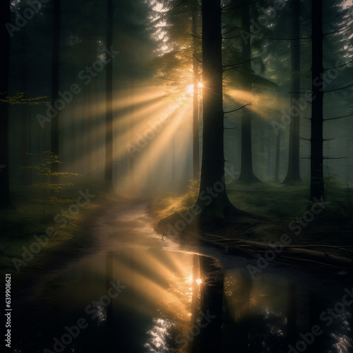 Dunkler Wald mit Sonnenaufgang