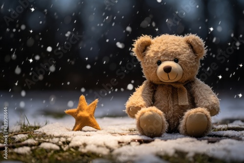 Photo of a cute teddy bear sitting in the snow next to a sparkling star created with Generative AI technology