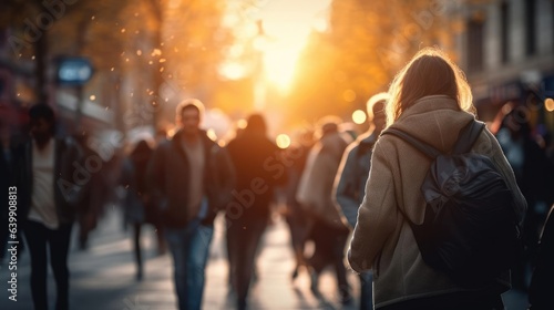 Crowd of people walking in the street with soft bokeh