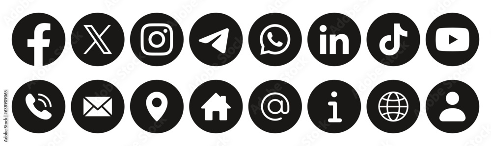 social media icons. social media logo , facebook, instagram, ,  whatsapp, tiktok, icon - Contact us icon set. Web icons , call, location,  globe, world, message, mail, address, website, icon Stock Vector