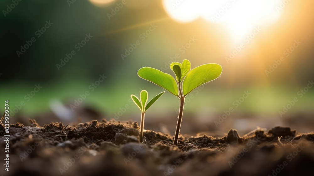 Delicate young plant growing from soil in park in sun rise Delicate young plant growing from soil in park in sun rise
