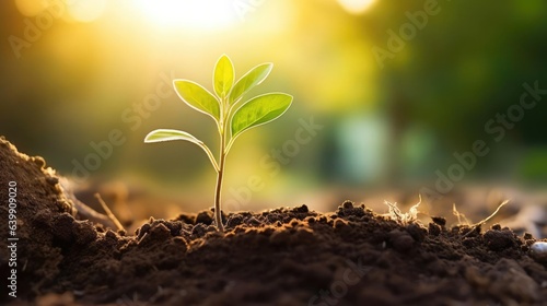 Delicate young plant growing from soil in park in sun rise