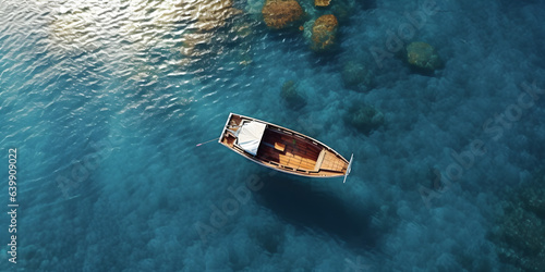 Top view of a lonely abandoned boat in the sea.