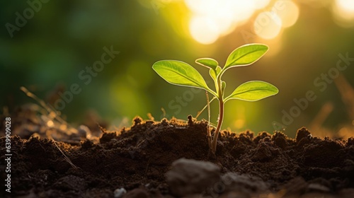 Delicate young plant growing from soil in park in sun rise