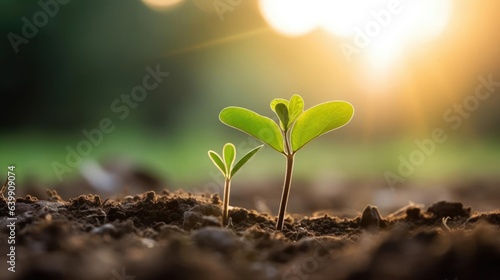 Delicate young plant growing from soil in park in sun rise