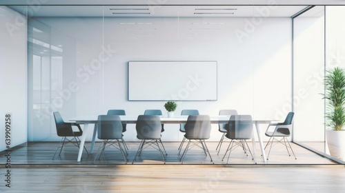 Front view of empty modern conference room with office table and chairs in glass room