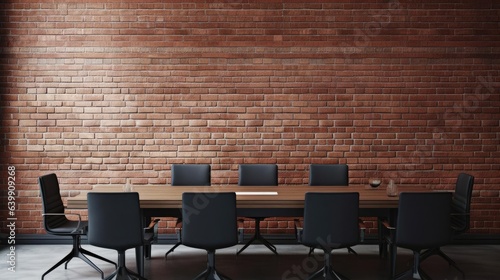 Front view of empty modern conference room with office table and chairs with dark brick cement wall