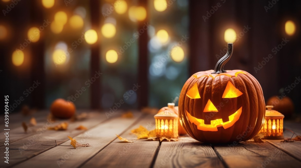 Halloween pumpkin with lantern on wooden porch in front of house with bokeh background at night - obrazy, fototapety, plakaty 