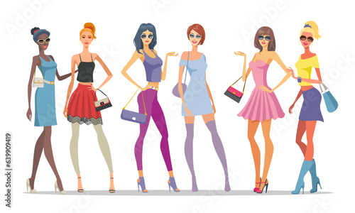 Group of women posing standing in modern clothes on white background. Attractive female models standing with handbags	