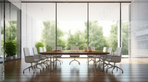 Front view of empty modern conference room with office table and chairs in glass room