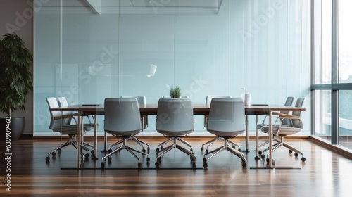 Front view of empty modern conference room with office table and chairs in glass room © Fred