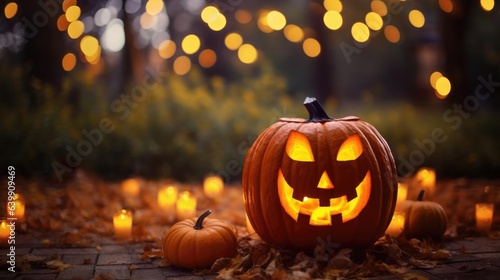Halloween pumpkin with lantern in garden bokeh background at night © Fred