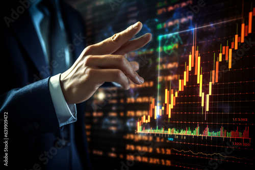 Businessman hand pointing to stock market graph, investment concept, digital screen