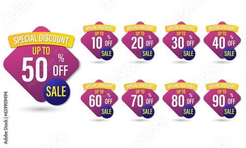 Set of discount label vector Illustration 10, 20, 30, 40, 50, 60, 70, 80, 90 percent, Promotion purple and yellow design for advertising campaign at retail clearance, special offer, tag, sticker flat.