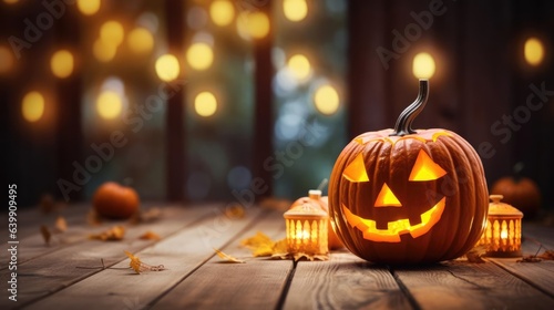 Halloween pumpkin with lantern on wooden porch in front of house with bokeh background at night