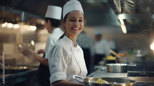 Happy chef woman in uniform cooking in kitchen in ruxury restaurant