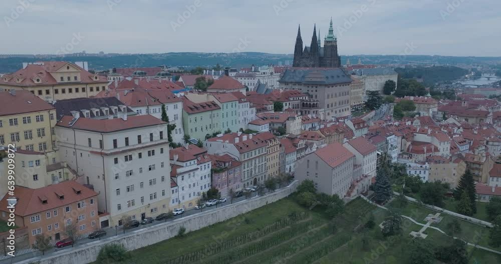 Aerial Drone Shot Prague Castle Mala Strana Hradcany Cloudy at Sunset Aerial Drone Shot Prague Castle Mala Strana Hradcany Cloudy at Sunset