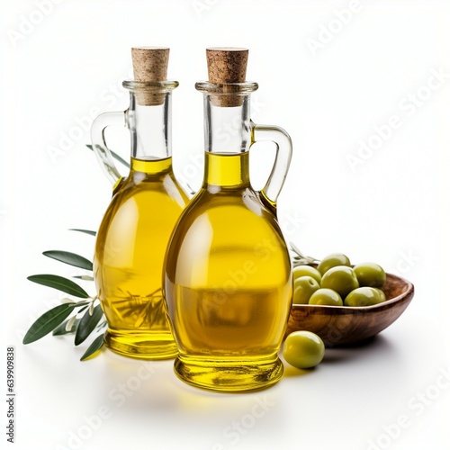 There is a bottle of olive oil that is isolated on a white background. Generative AI