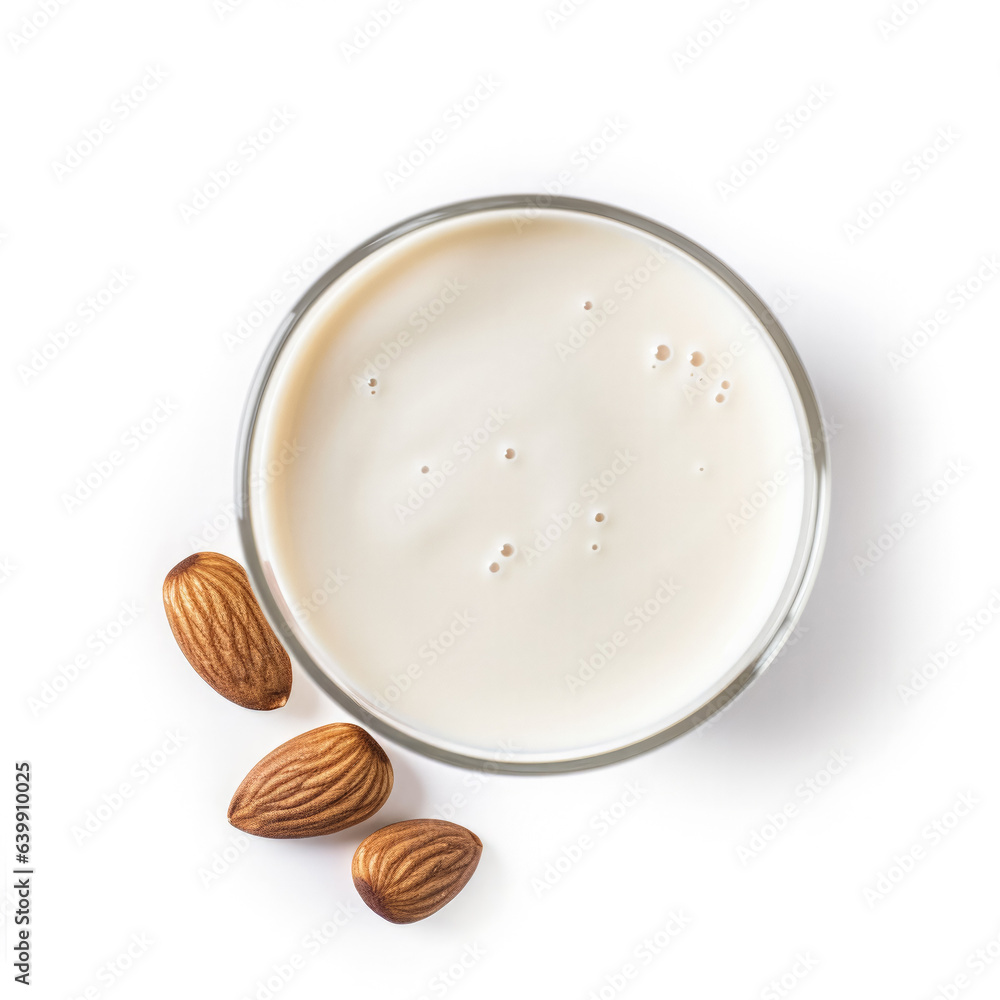 Almond milk isolated on white background top view Almond milk isolated on white background top view