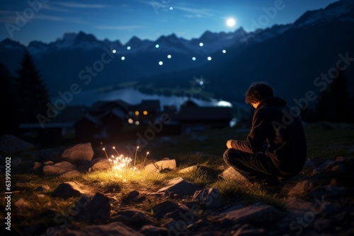 Illustration of a man enjoying the warmth of a campfire under a starry night sky created with Generative AI technology © AI Visual Vault