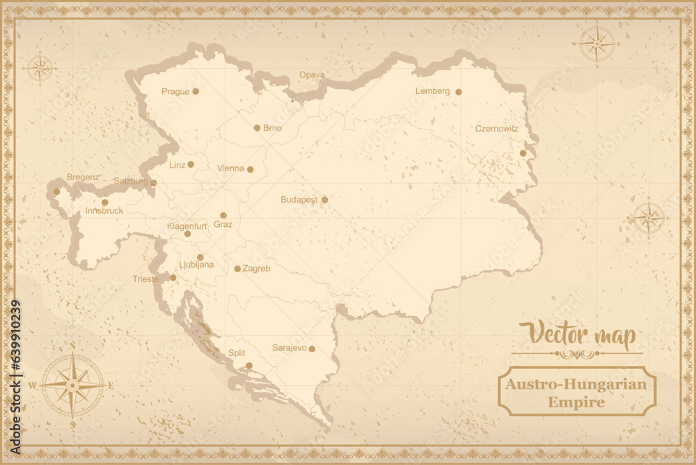 Map of Austro-Hungarian Empire in the old style, brown graphics in retro fantasy style.