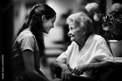 Young female doctor talking to an elderly lady at a hospital or retirement home. Concept of elderly care, healthcare and careers in medicine or nursing. Black and white with shallow field of view. © henjon