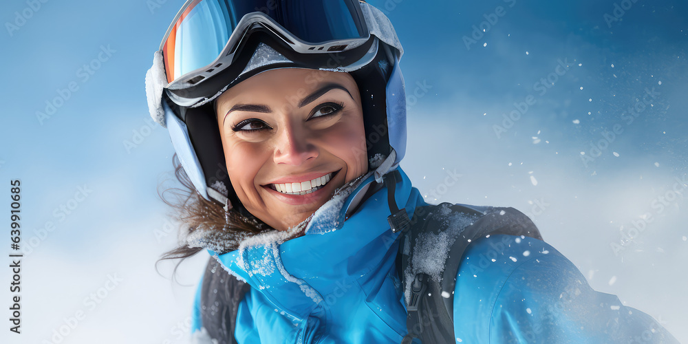 Portrait of snowboarder smiling happy young woman in blue suit goggles mask, hat, ski padded jacket. Portrait of snowboarder smiling happy young woman in blue suit goggles mask, hat, ski padded jacket.