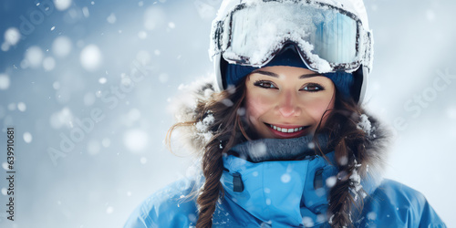 Portrait of snowboarder smiling happy young woman in blue suit goggles mask, hat, ski padded jacket.