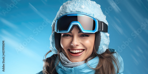 Portrait of snowboarder smiling happy young woman in blue suit goggles mask, hat, ski padded jacket. 