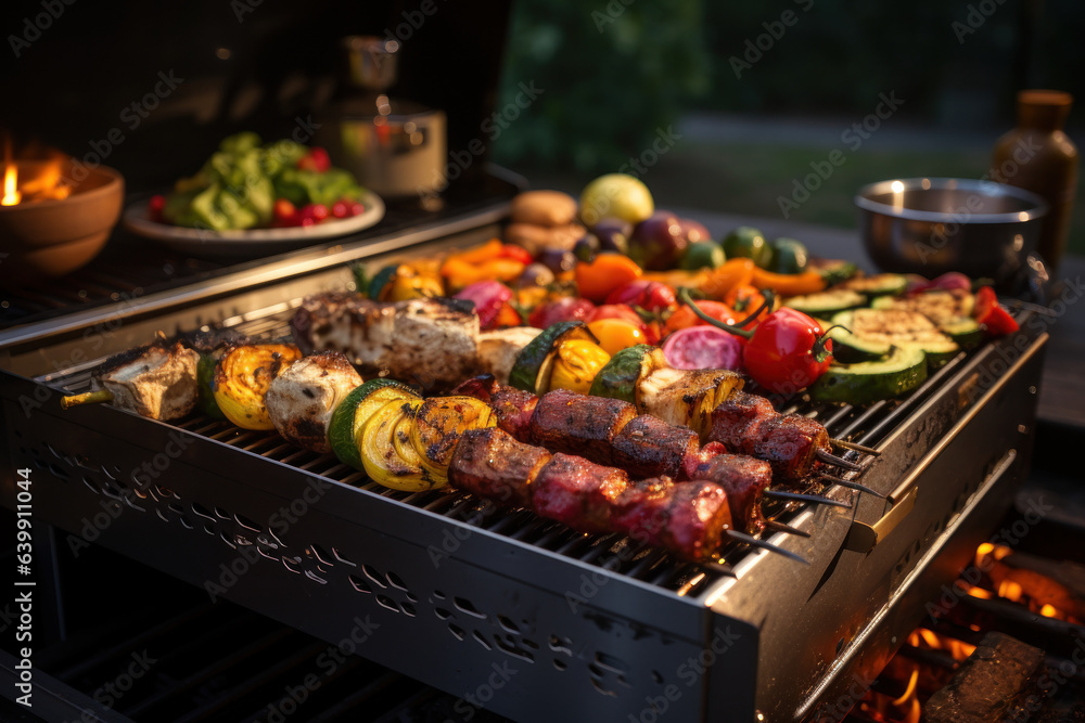 Grilling and BBQ. Grill master cooking meats and vegetables on an outdoor grill, symbolizing the joy of barbecuing and outdoor cooking. Generative Ai.