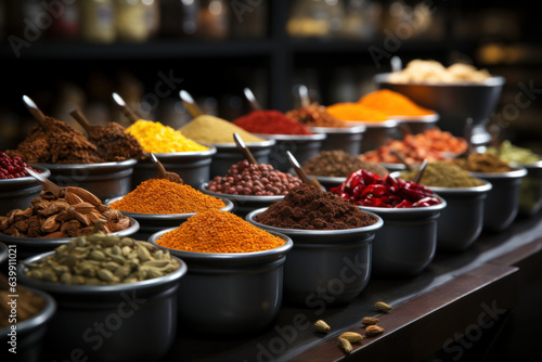 Spices and Aromas. Close-up of a spice market with an array of colorful spices  capturing the sensory allure of culinary ingredients. Generative Ai.