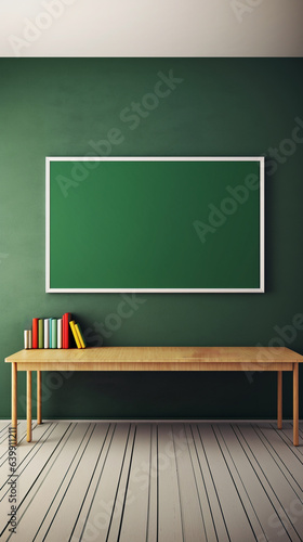 AI Generated blank blackboard with class table and stationery in classroom, back to school design concept.