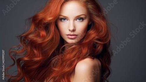 girl with long shiny curly red hair. Generative AI
