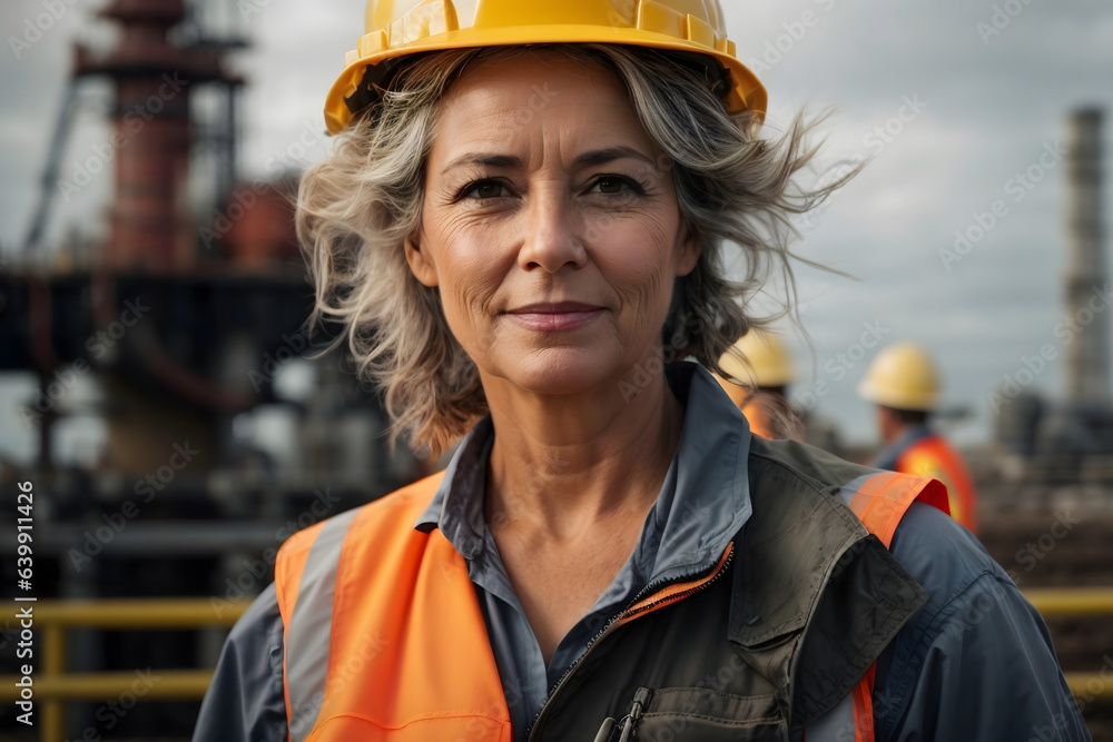 mid age woman working on a construction site. Image created using artificial intelligence. mid age woman working on a construction site. Image created using artificial intelligence.