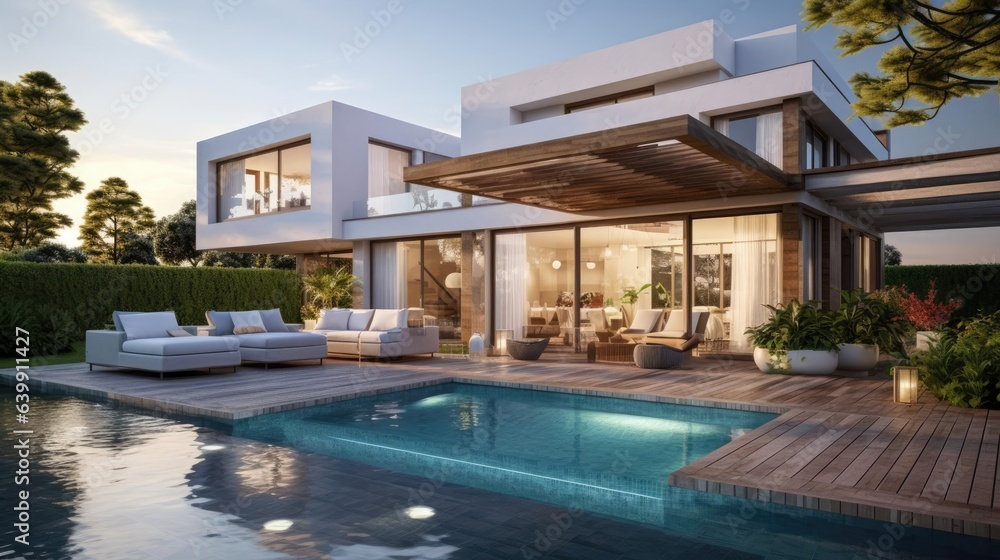 Fototapeta premium Modern villa with open plan living and private small terrace for relaxation