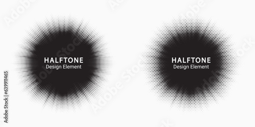 Halftone circle frame background set. Round border Icon using halftone random circle. Grunge circular stain. Vector illustration.