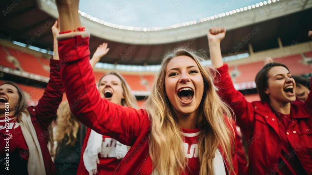 Fototapeta premium Young happy women friends enjoying a sporting event