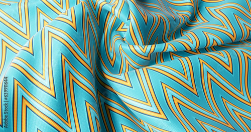 Fototapeta Naklejka Na Ścianę i Meble -  Folded light blue fabric with zig zag print. Gathered and folded texture of woven fabric