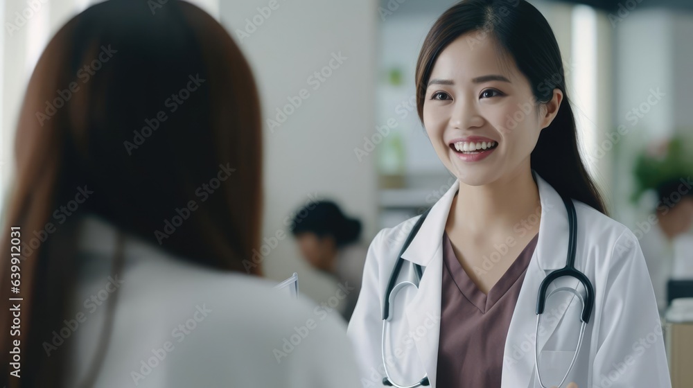 Happy Doctor woman holding on digital tablet and talk and eye contact with patient in clinic Happy Doctor woman holding on digital tablet and talk and eye contact with patient in clinic
