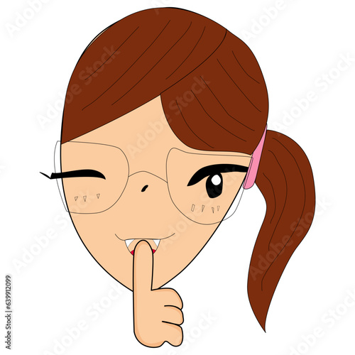 little girl character holding hand near mouth silence. Shhh symbol