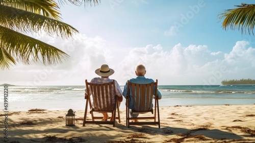 Happy seniors enjoying of retirement on beachchair with a beach in morning near palm tree © Fred