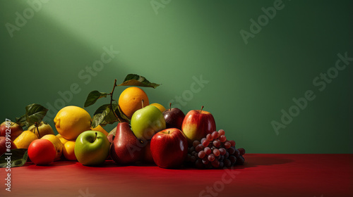 fruit on brown wooden table with green background behind