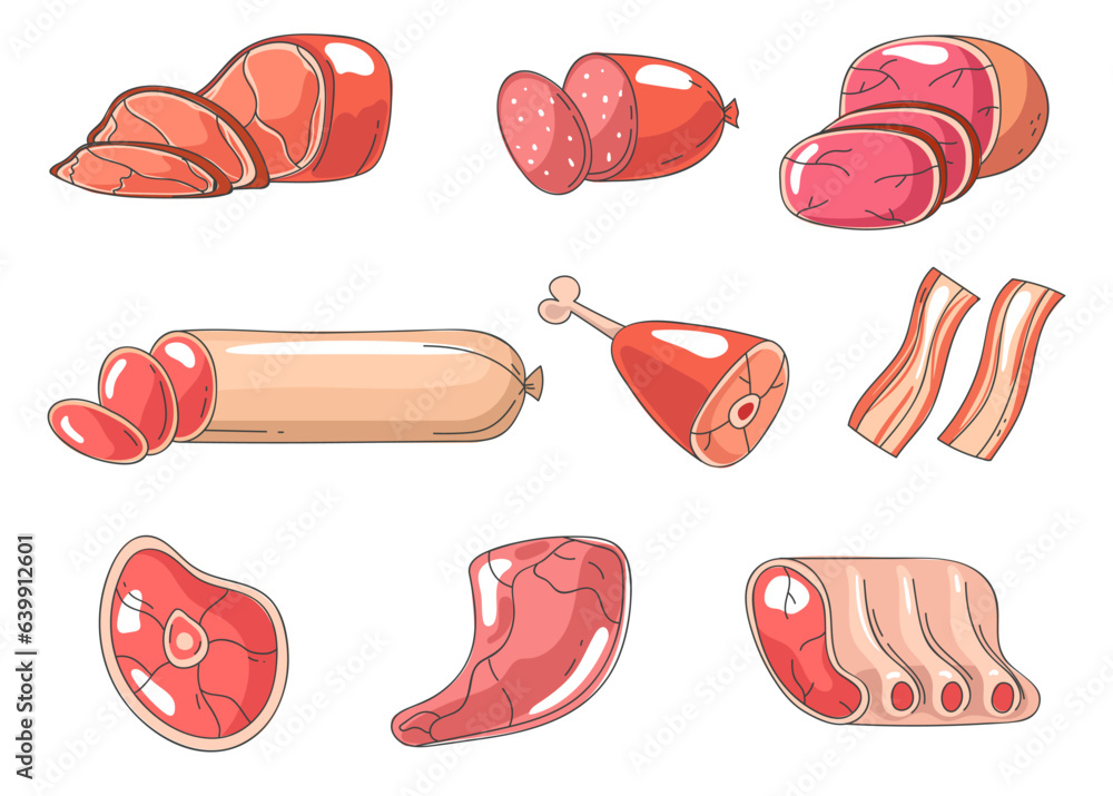 Meat doodle isolated set. Vector flat graphic design illustration