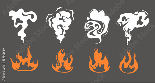 Fire flame burn comic smoke explosion isolated set. Vector flat graphic design illustration