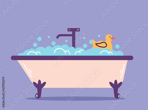 Bath bathtub tub bathroom shower with duck concept. Vector flat graphic design illustration
