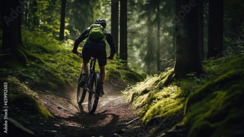 Man on mountain bike rides on the trail in green forest © Fred