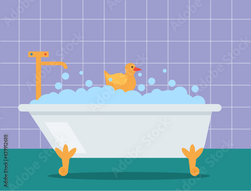 Bath bathtub tub bathroom shower with duck concept. Vector flat graphic design illustration
