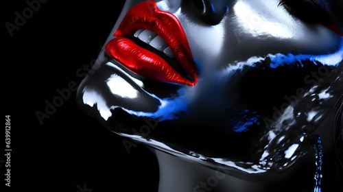 Red lips on black background, cosmetic, fashion style liquid metal
