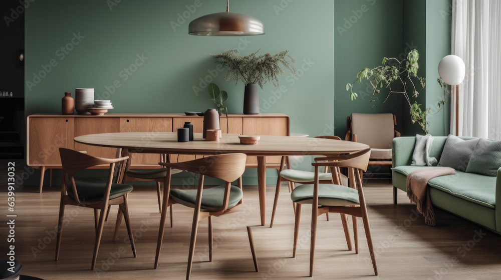 Mint color chairs at round wooden dining table in room with sofa and cabinet near green wall. Mint color chairs at round wooden dining table in room with sofa and cabinet near green wall.